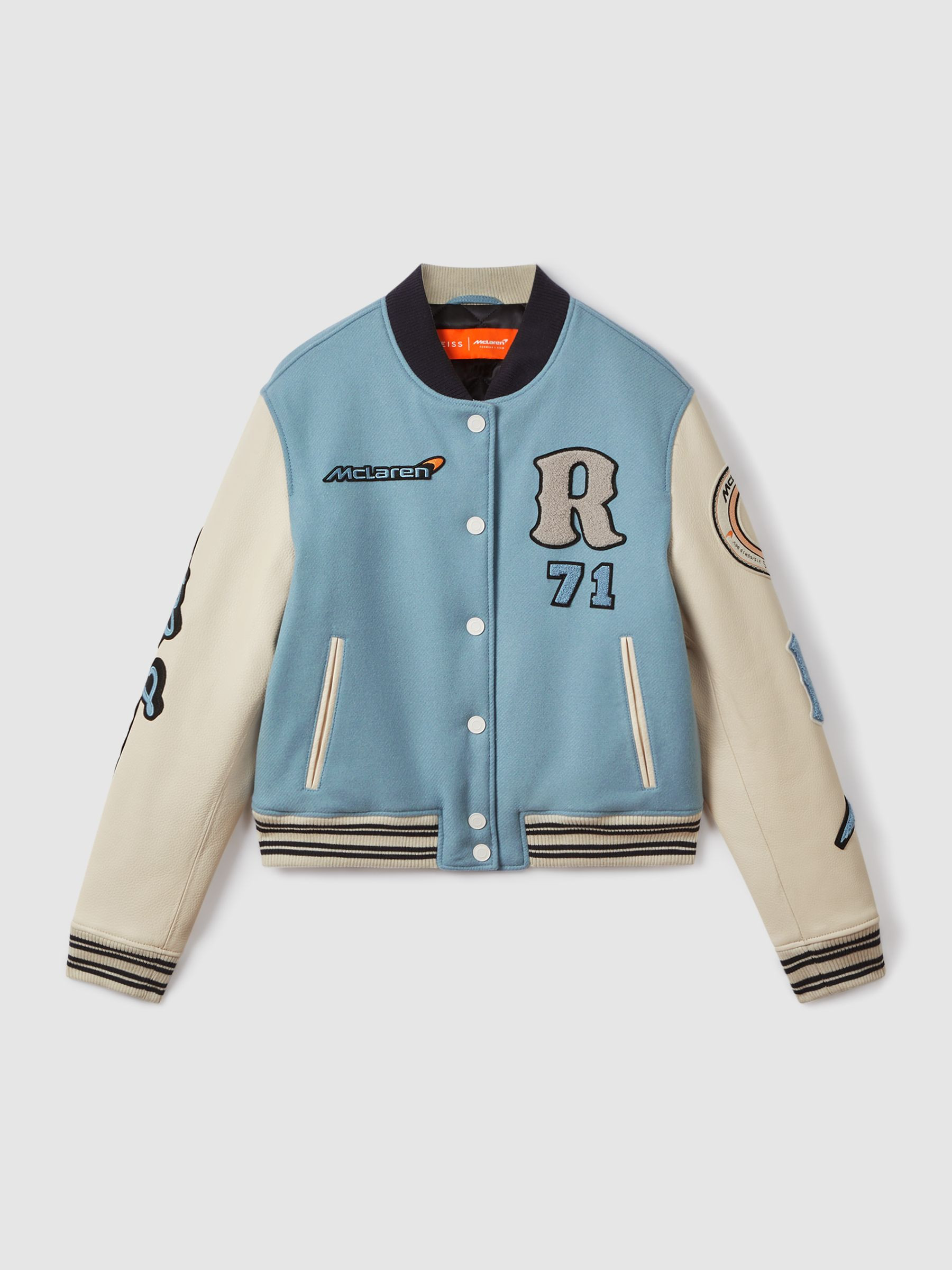 McLaren F1 Leather Varsity Jacket in Soft Blue/Ecru | Reiss US
