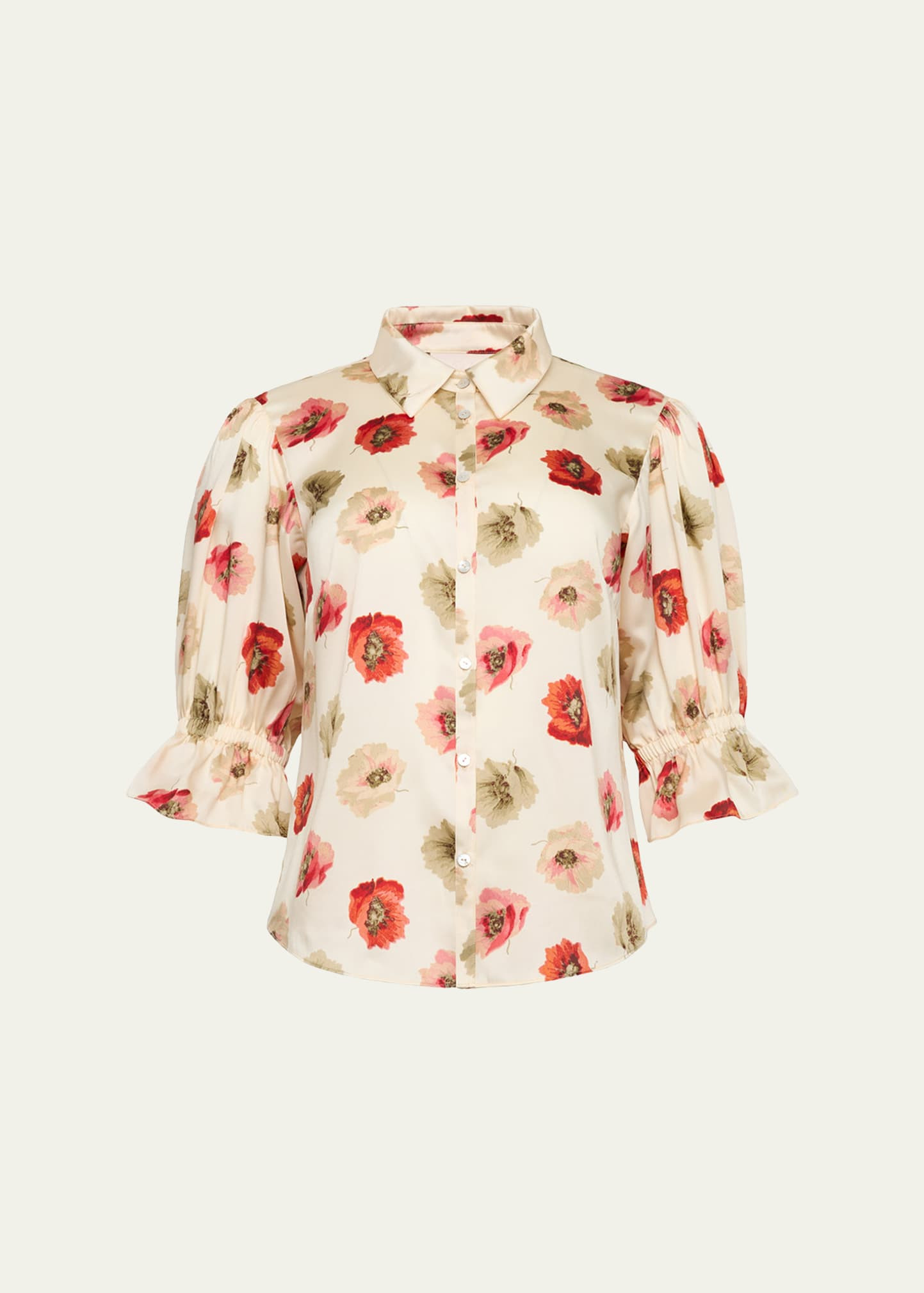 Cinq a Sept Floating Poppies Puff-Sleeve Silk Shirt | Bergdorf Goodman