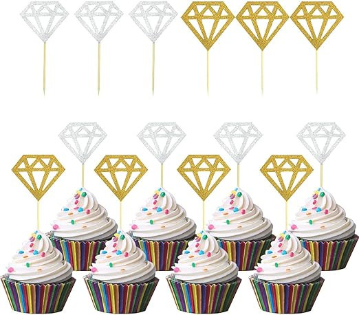 60 Pack Glitter Diamond Cupcake Toppers for Bridal Shower Engagement Wedding Party Birthday Diamo... | Amazon (US)