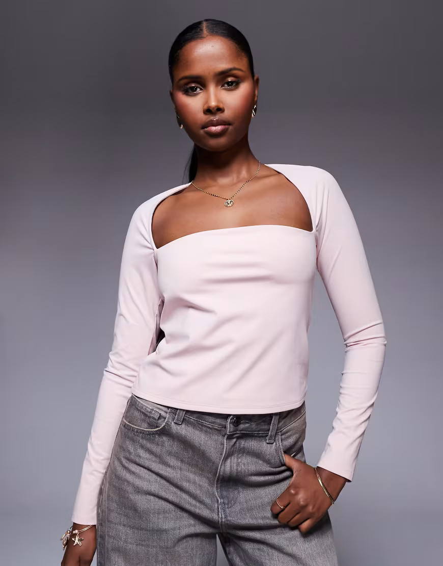 ASOS DESIGN shrug detail long sleeve top with curve bust in baby pink | ASOS (Global)