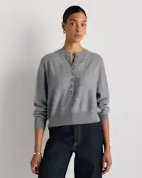100% Mongolian Cashmere Dolman Sleeve Henley Sweater in Heather Grey | Quince
