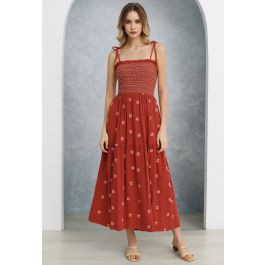 Floret Embroidery Tie-Shoulder Shirred Dress in Orange | Chicwish