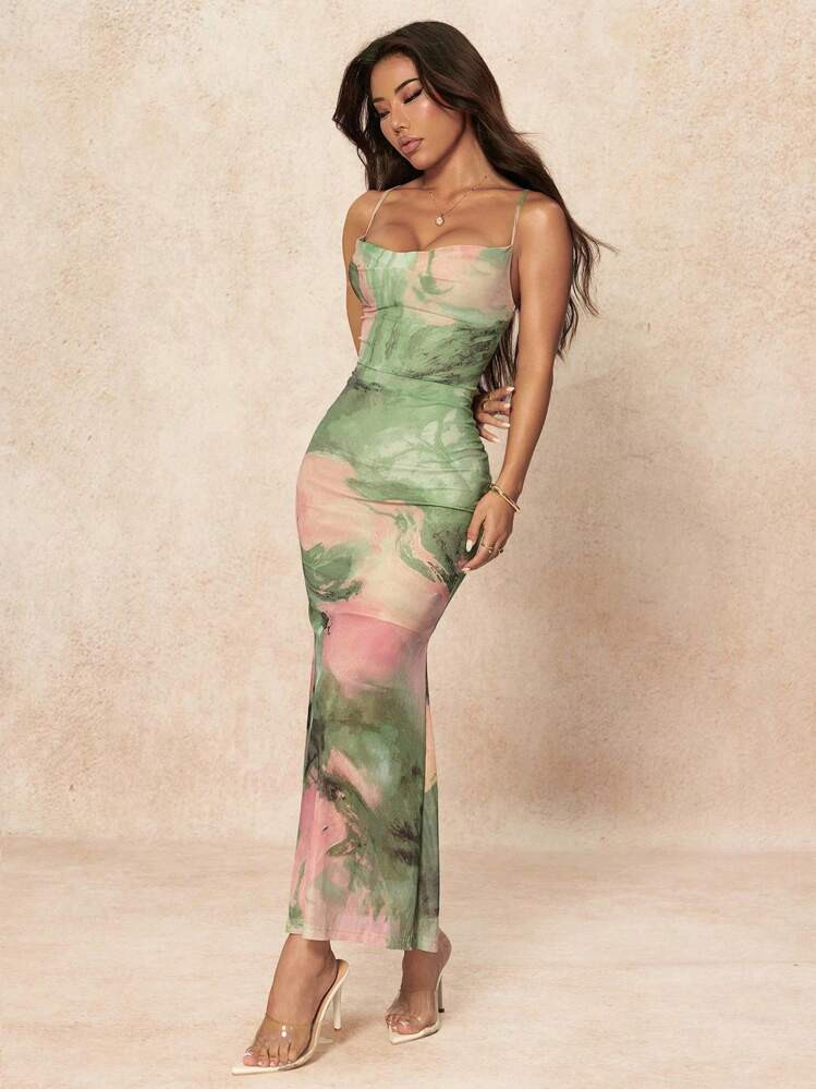 SHEIN PETITE Women's Elegant Tie-Dye Print Fitted Dress, Summer | SHEIN