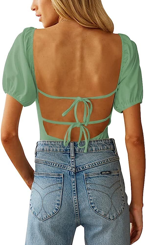 oten Women's Sexy Backless Puff Sleeve Square Neck Tie Back Bodysuit Tops | Amazon (US)