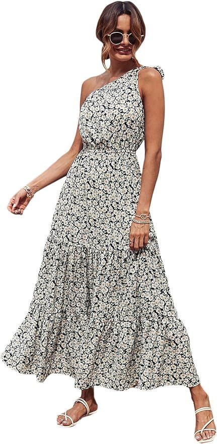 Floerns Women's Floral Print Knot One Shoulder Sleeveless Ruffle Hem Maxi Dress | Amazon (US)