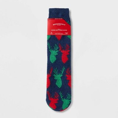 Men's Red Green Deer Cozy Crew Socks with Gift Card Holder - Wondershop™ Red/Green 6-12 | Target