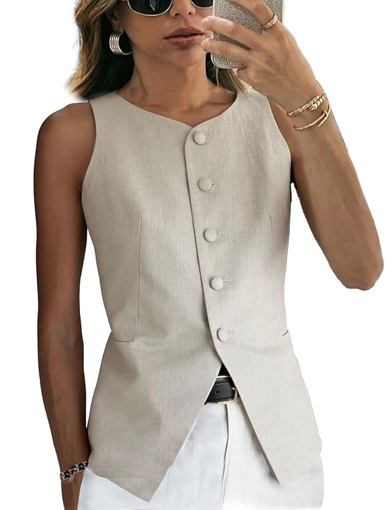 Women's Linen Waistcoat Slim Fit 5 Button V-Neck Dressy Suit Vest | Amazon (US)