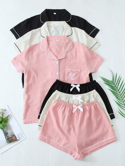 [Elegant Fields]3pcs/Set Summer Contrast Trim Polo Collar Pocket Heart Print Short Sleeve Button ... | SHEIN
