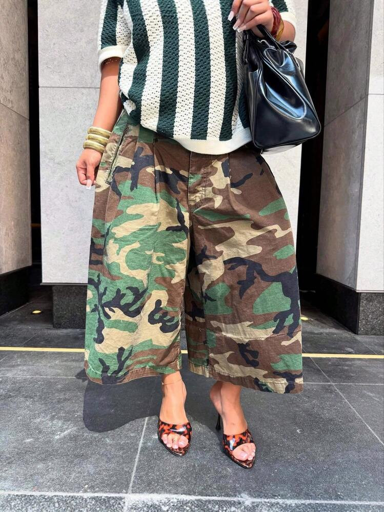 Women'S Casual Jeans With Camouflage Print, Featuring An Elastic Waist And Straight Cropped Desig... | SHEIN
