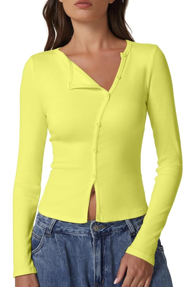 QINSEN Women's Long Sleeve Ribbed Crewneck Shirts Upper Button Fastening Going Out Tops | Amazon (US)