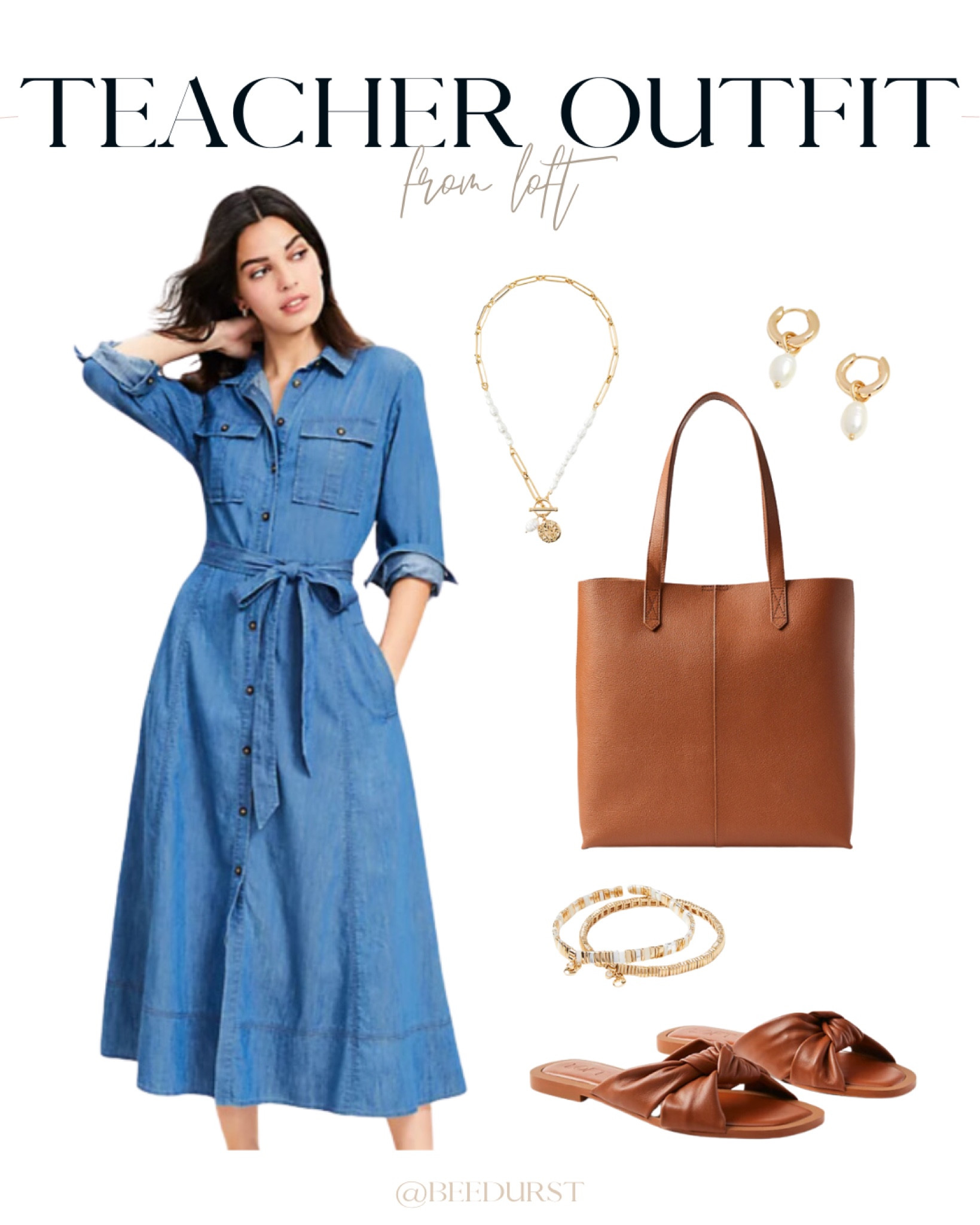 Cute teacher outfit idea from LOFT! Denim dress, chambray dress, teacher dress, work dress, office dress, fall office dress, fall work dress, fall teacher dress, tan sandals, slide sandals, tan tote bag, work tote bag, work bag, tan work bag, beaded bracelets, pearl necklace, pearl earrings, teacher outfit, work outfit, office outfit 

#LTKItBag #LTKWorkwear #LTKShoeCrush