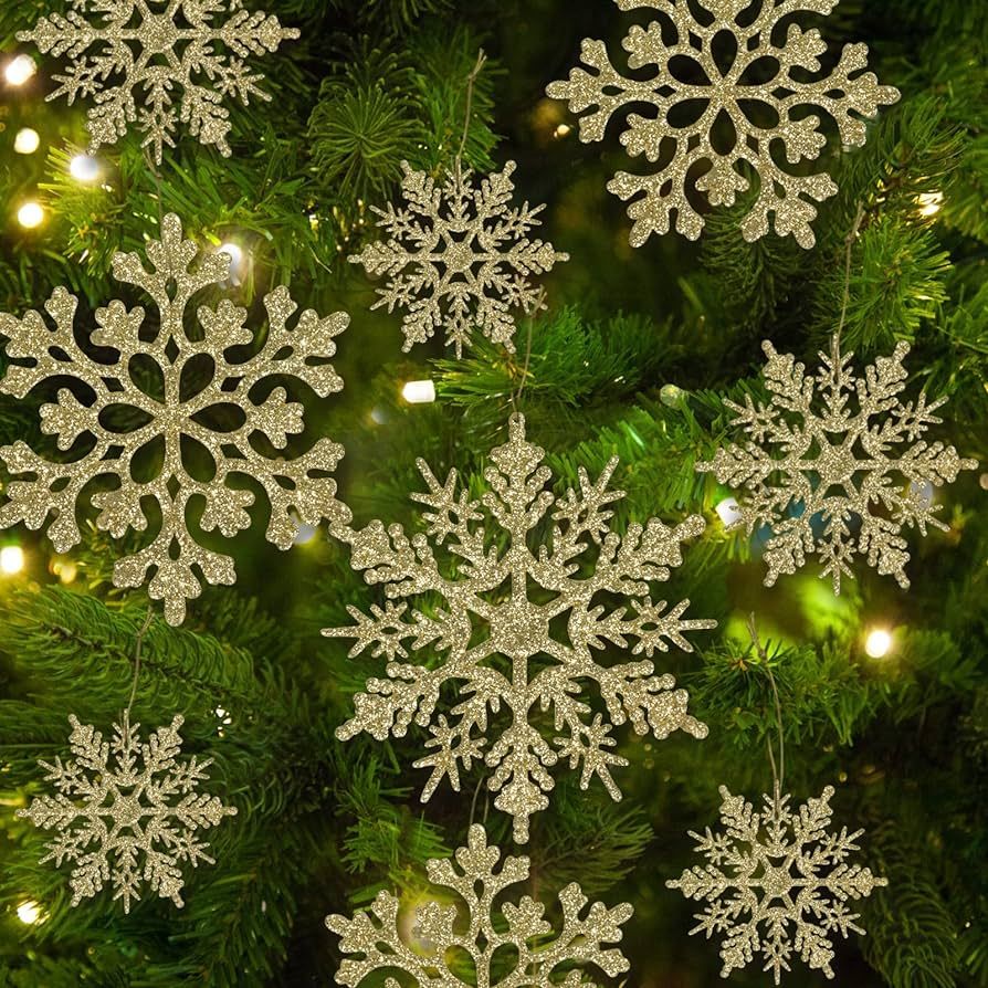 36pcs Christmas Gold Snowflake Ornaments Plastic Glitter Snow Flakes Ornaments for Winter Christm... | Amazon (US)