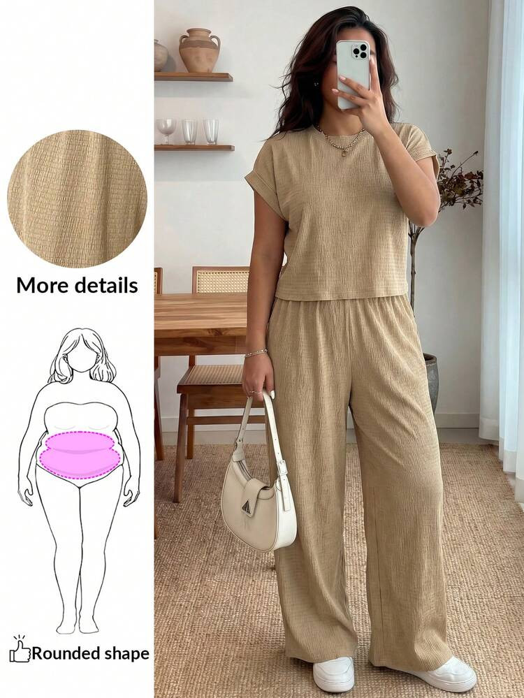 Enliva 2pcs/Set Plus Size Women Casual Light Khaki Short Sleeve Top And Pants Set, Spring/Summer, Casual 2 Pieces Set,Casual,Club Outfit,Airport Outfit For Women,Teacher Outfits For Women,Vacation Outfits Woman,Business Casual Woman Comfortable Two Pieces Pants Set Casual Two Pieces Set Tan Two Pieces Set Valentine's Day Outfit | SHEIN