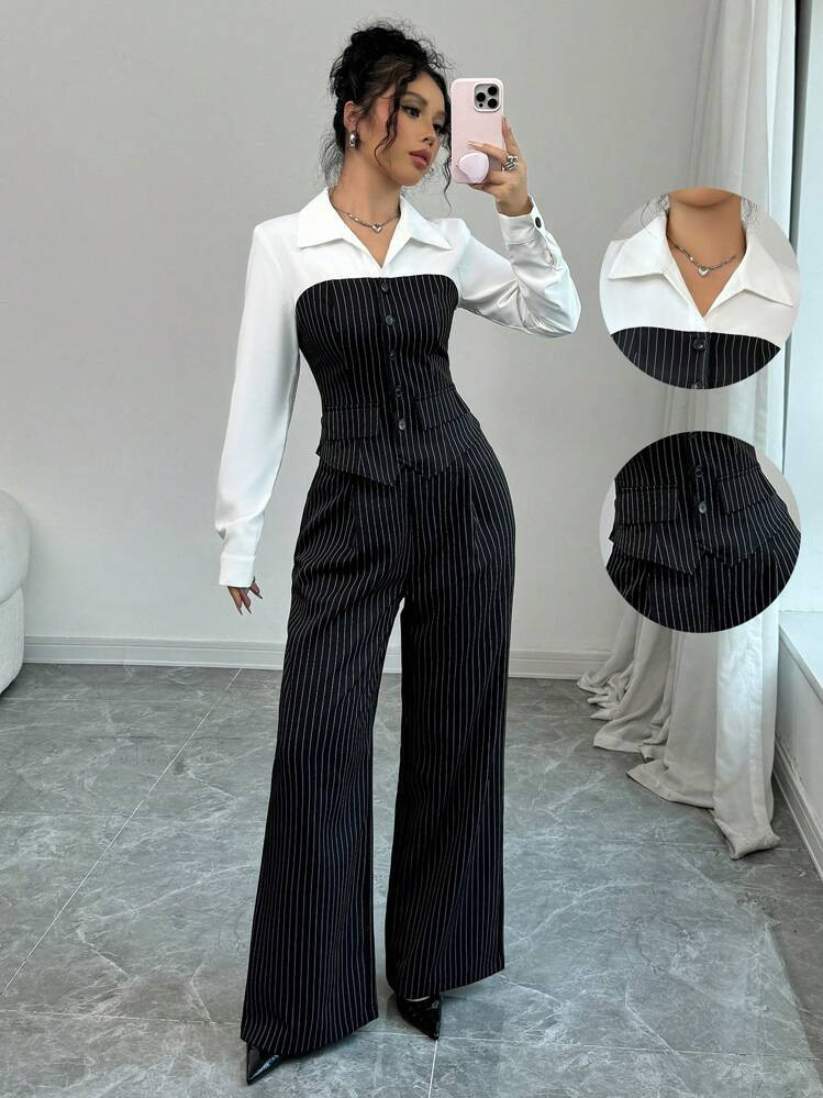 Selianne Women's Casual Collared Patchwork Striped 2 Pieces Outfit, Suitable For Spring And Autumn Fall Cloth For Women | SHEIN