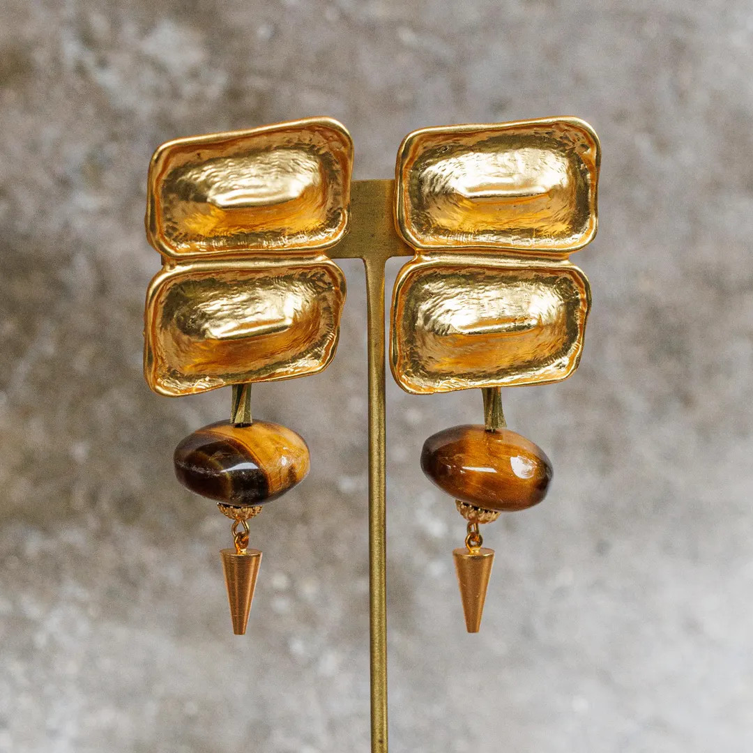 Vintage Hammered Sculptural Clip-on Earrings with Semi-precious Drops | Etsy (US)