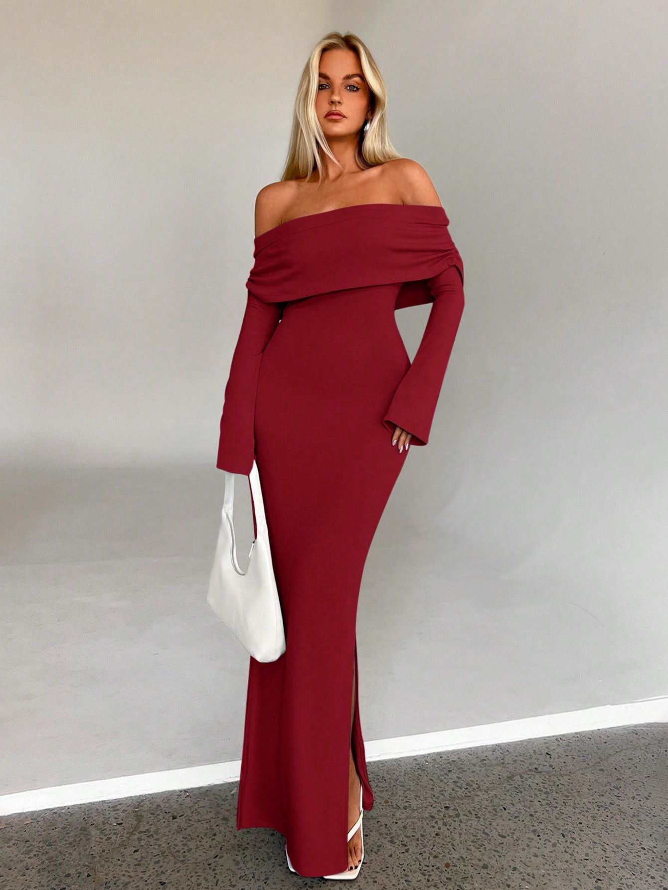 Aloruh Women's Autumn/Winter Sexy Elegant Ruched Off Shoulder Bell Sleeve Fitted Dress For Casual... | SHEIN