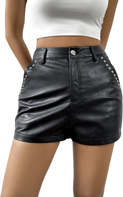 SweatyRocks Women's Casual PU Leather High Waist Straight Leg Shorts Summer Hot Pants with Pocket | Amazon (US)
