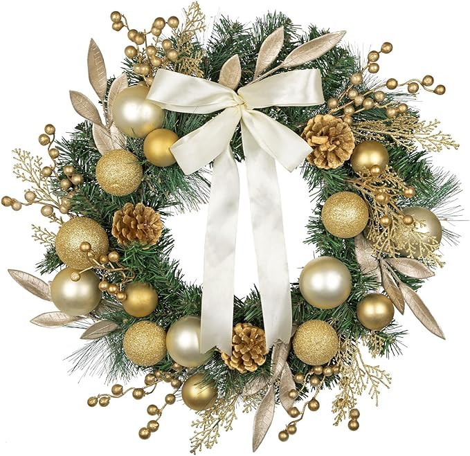 24 inch Christmas Door Wreath, Large Gold Wreaths for Front Door with Champagne Bow Golden Ball G... | Amazon (US)