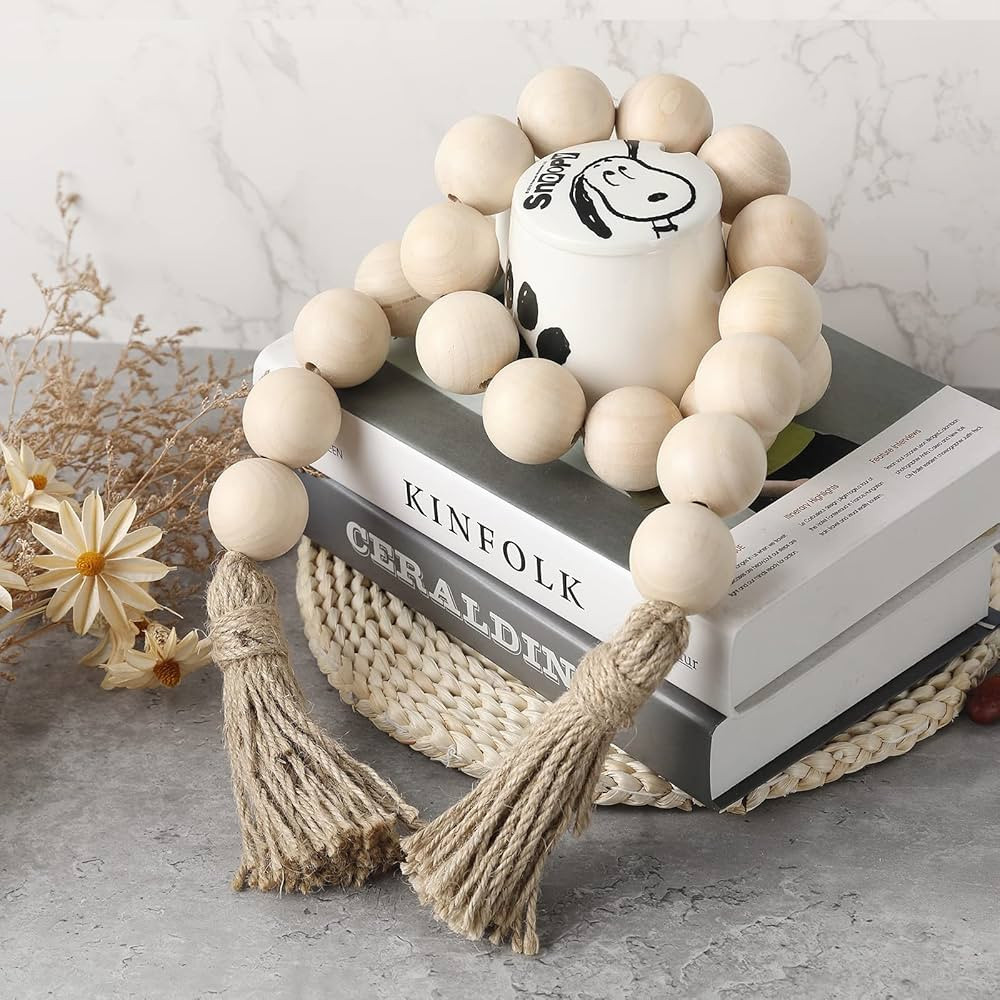 Farmhouse Decor Large Wood Bead Garland 50inch Long with 1.6" Diameter Beads, Natural Wooden Bead... | Amazon (US)