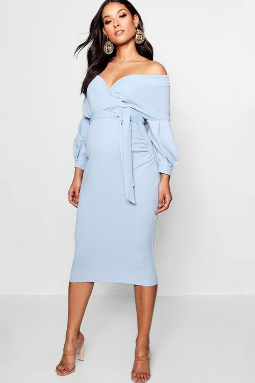 Maternity Off The Shoulder Wrap Midi Dress | Boohoo.com (US & CA)
