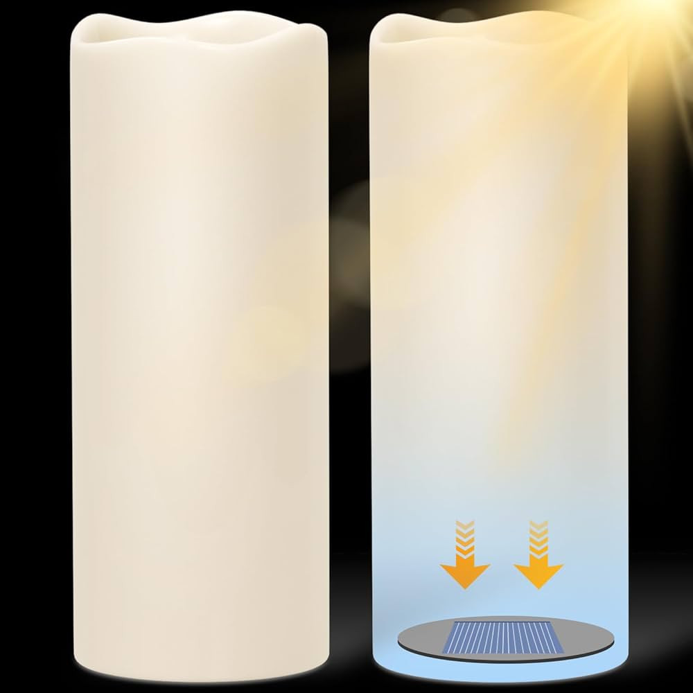 Solar Candles Outdoor Waterproof Dusk to Dawn, Solar Powered Rechargeable Flameless Candles, 10” x 4” Large Piilar Candles with Sensor Timer for Patio, Outdoor, Lanterns Decor (Set of 2) | Amazon (US)