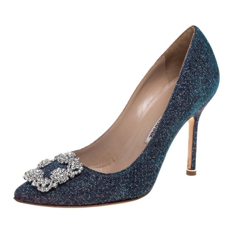 Manolo Blahnik Blue Glitter Fabric Hangisi Crystal Embellished Pumps Size 37 | 1stDibs