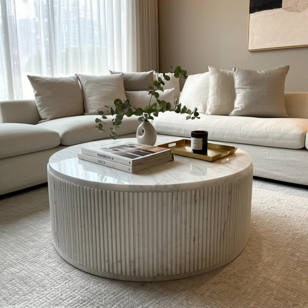 Fluted Round Marble Coffee Table - Modern Living Room Table For Home Decor - Elegant Small Coffee... | Wayfair North America