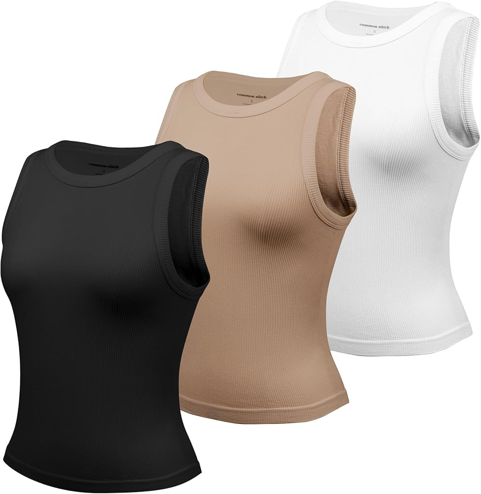3 Pack Stretch Tank Tops for Women, Ribbed Seamless Crew Neck Womens Workout Crop Top Yoga Gym Sh... | Amazon (US)