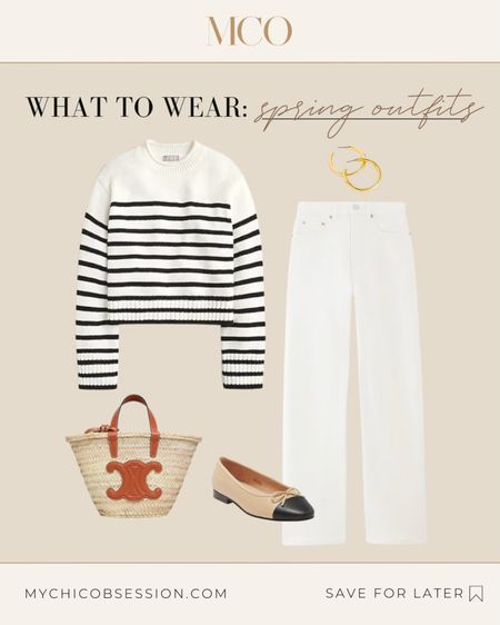 For spring, I love to rock a classic casual look that's both cute and comfy. We're talking a cozy striped sweater layered over crisp white jeans - so fresh! Add some shiny gold hoops that catch the light and fun two-tone ballet flats in a pop of color. Top it off with a roomy straw bag that's perfect for carrying all your spring essentials. This outfit just screams sunny spring days spent strolling through the park or having brunch on the patio with your besties. It's chic but totally approachable - a go-to look for feeling put together while still keeping things light and breezy.

#LTKstyletip #LTKSeasonal #LTKSpringSale