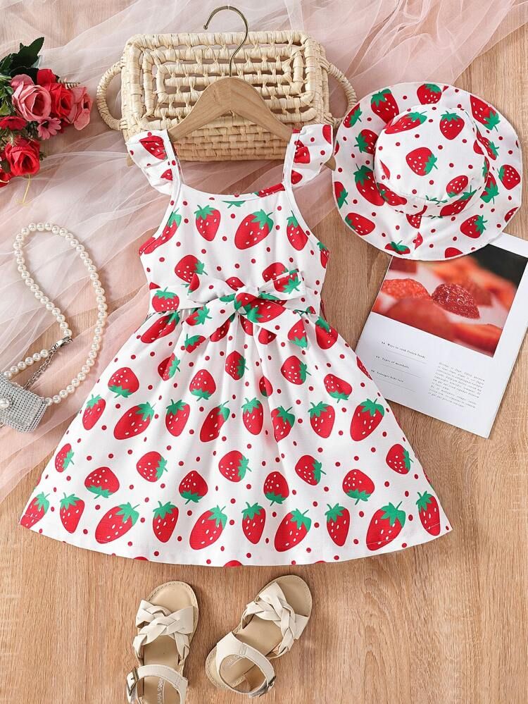 Toddler Girls Strawberry Print Ruffle Trim Belted Dress & Hat | SHEIN