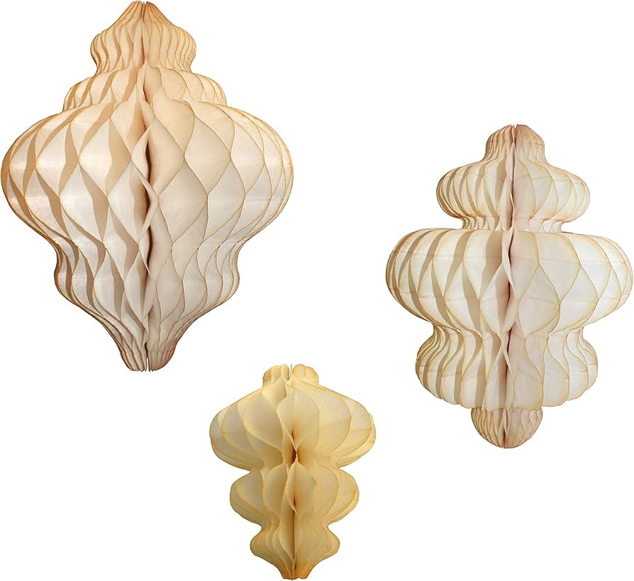 Set of 3 Vintage Ivory Honeycomb Tissue Paper Hanging Ornament Decorations (11 inch, 10 inch, 8 i... | Amazon (US)
