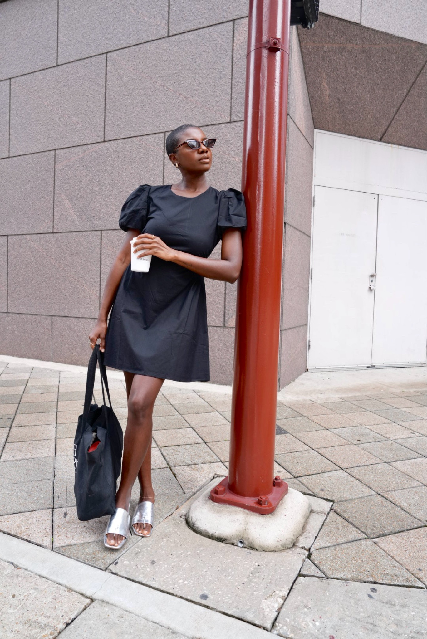 black dress with silver sandals Black Dress and Silver Heels