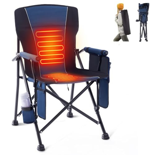 Heated Folding Camping Chair, Portable Heated Seat for Outdoor Sports, Heavy Duty Heated Lawn Chair Supports 400lbs for Adults, Heated Camp Chair for Outside Activities, Blue(2 Battery Pack Required) | Amazon (US)