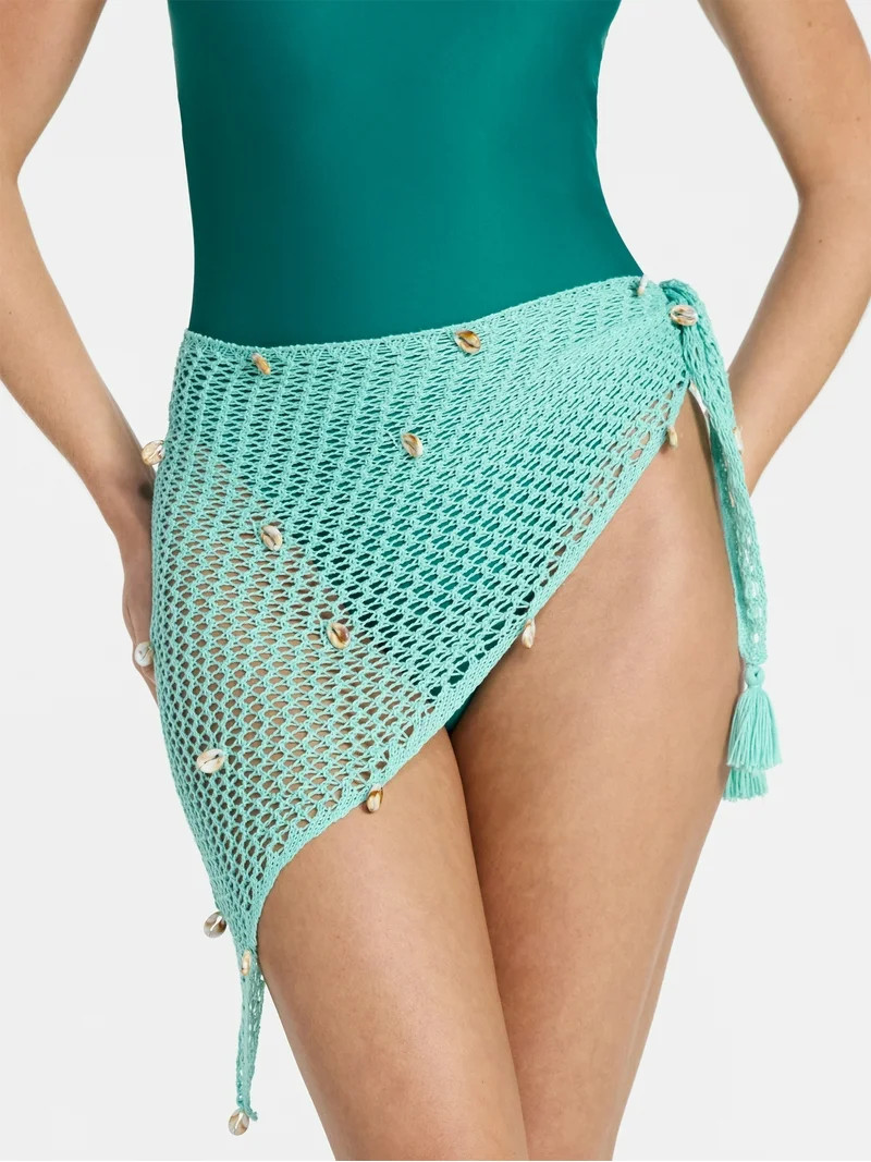 No Boundaries Fishnet Pareo with Faux Shells, One Size, Verdant Jade, Women's | Walmart (US)