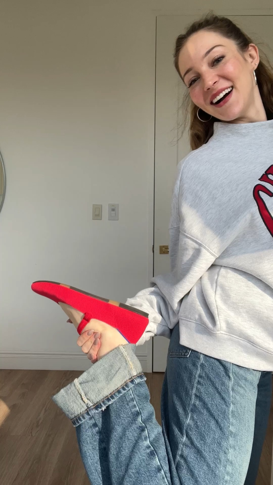 Chiefs outfit!! 

Red flats - run true to size 
Madewell jeans/barell jeans - size down 
Chiefs sweatshirt / mock neck sweatshirt- wearing a large 

#LTKFindsUnder100 #LTKShoeCrush #LTKSeasonal