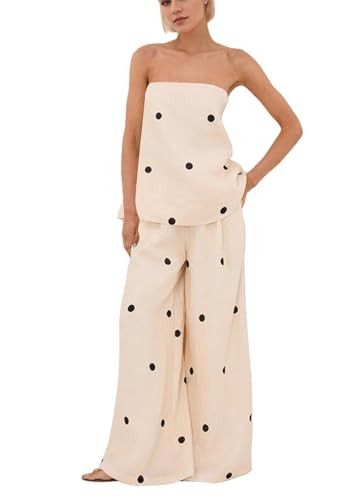MSBESYOR Women 2 Piece Polka Dot Tube Top Set Strapless Bandeau Blouse Wide Leg Spot Print Pants ... | Amazon (US)