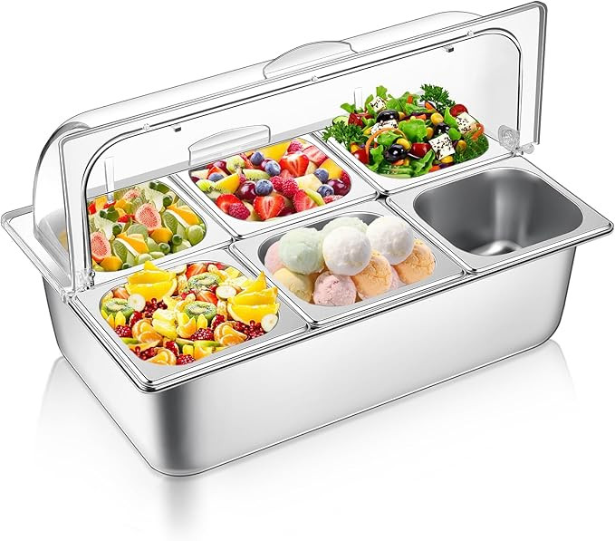 Ziliny Countertop Food Serving Display Container Clear Roll Top Cover 6 Pan Stainless Steel Ice F... | Amazon (US)