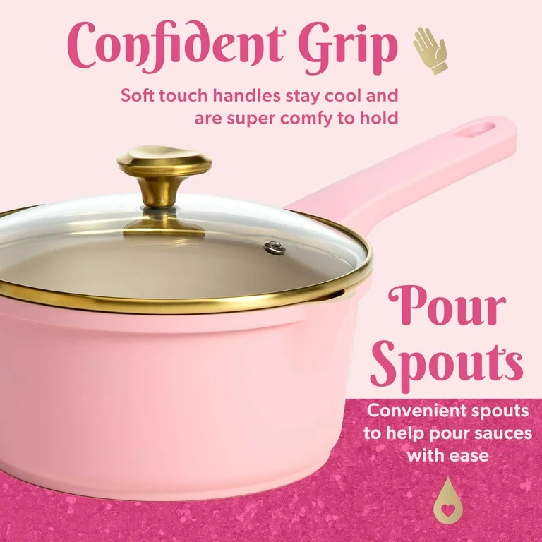 Paris Hilton Clean Ceramic™ Nonstick Cast Aluminum Cookware Set with Heart Shaped Lid Knobs, Pi... | Walmart (US)