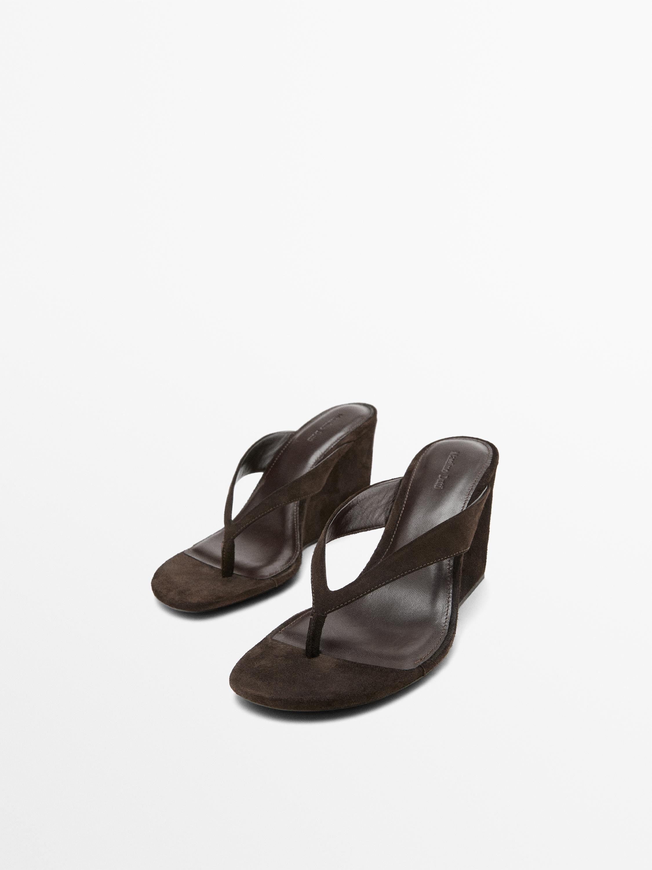 Split leather high-heel wedge sandals | Massimo Dutti UK