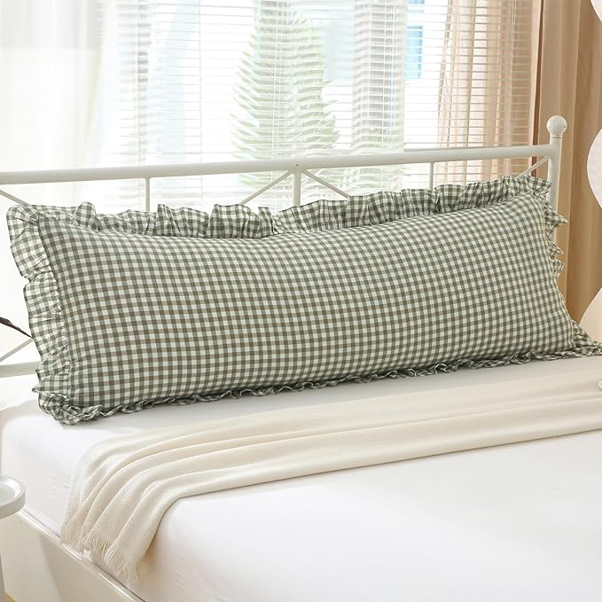 Sage Green White Plaid Gingham Body Pillow Cover with Ruffles, 100% Washed Cotton Rustic French C... | Amazon (US)