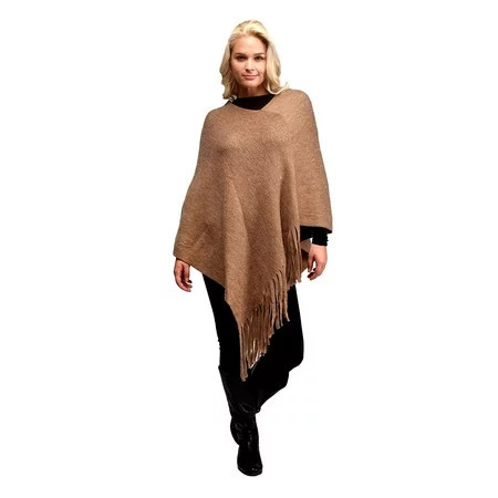 Solid Color Sweater Poncho Shrug with Fringe for Women Beige | Walmart (US)