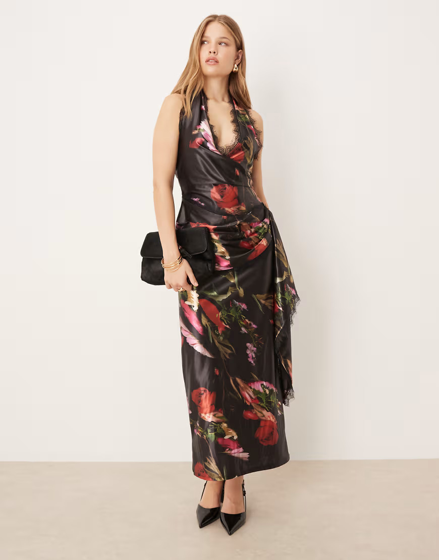 ASOS DESIGN printed stretch satin draped maxi dress with lace detail in dark floral-Multi | ASOS (Global)