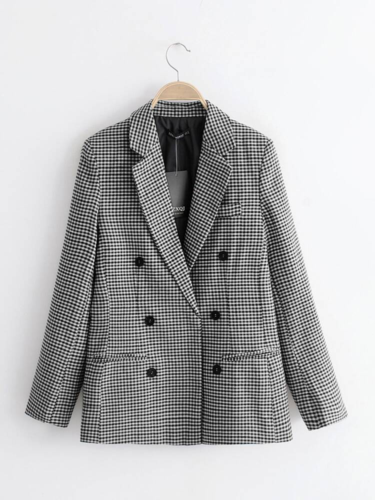 Plaid Lapel Collar Double Breasted Blazer | SHEIN