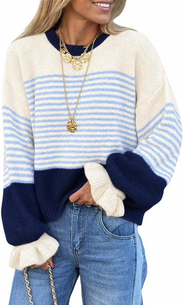 Saodimallsu Womens Striped Ruffle Sleeve Pullover Sweaters 2026 Fall Trendy Slouchy Color Block P... | Amazon (US)