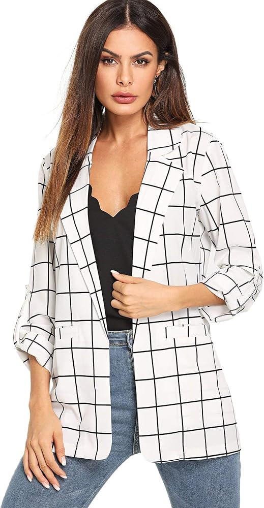 Milumia Women's Open Front Blazer Casual Lightweight Plaid Roll Up Sleeve Jacket Shirt | Amazon (US)