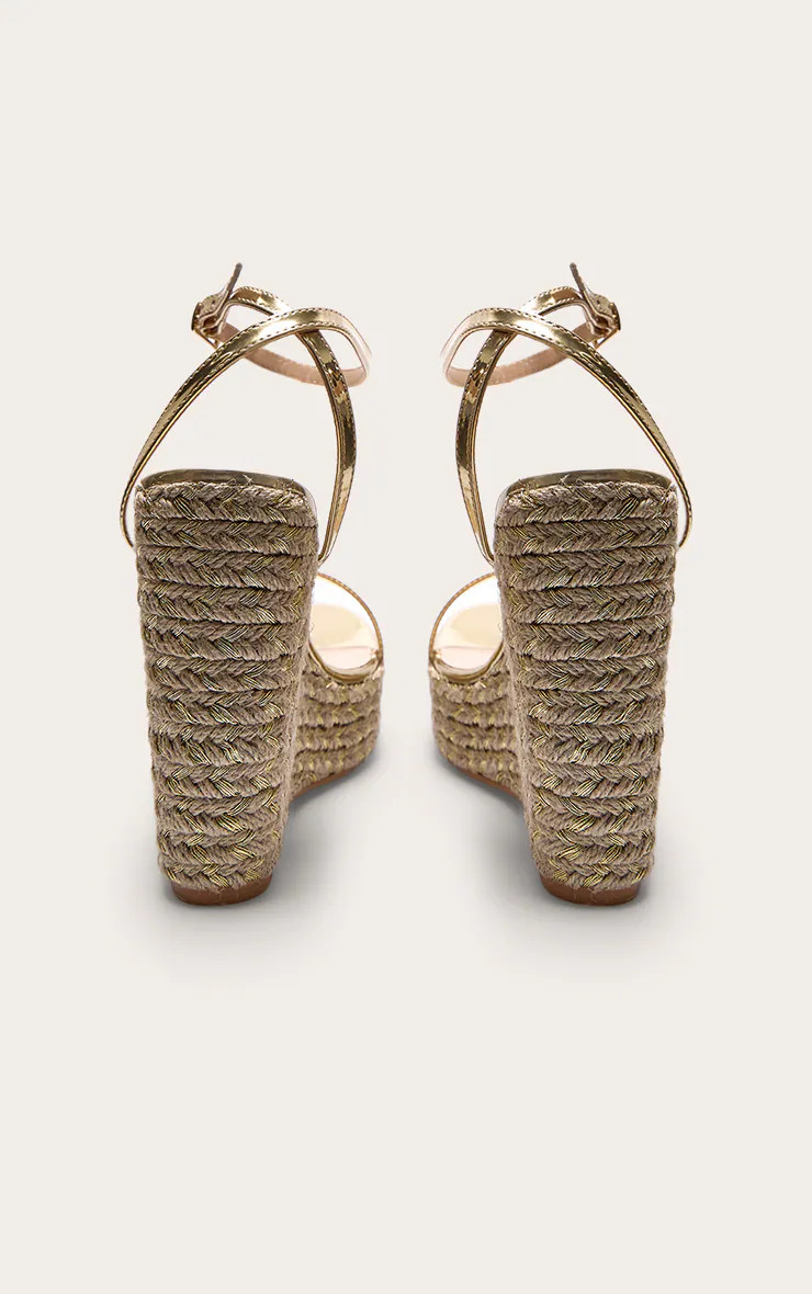 Gold PU Metallic Strap Espadrille High Heeled Wedges | PrettyLittleThing UK