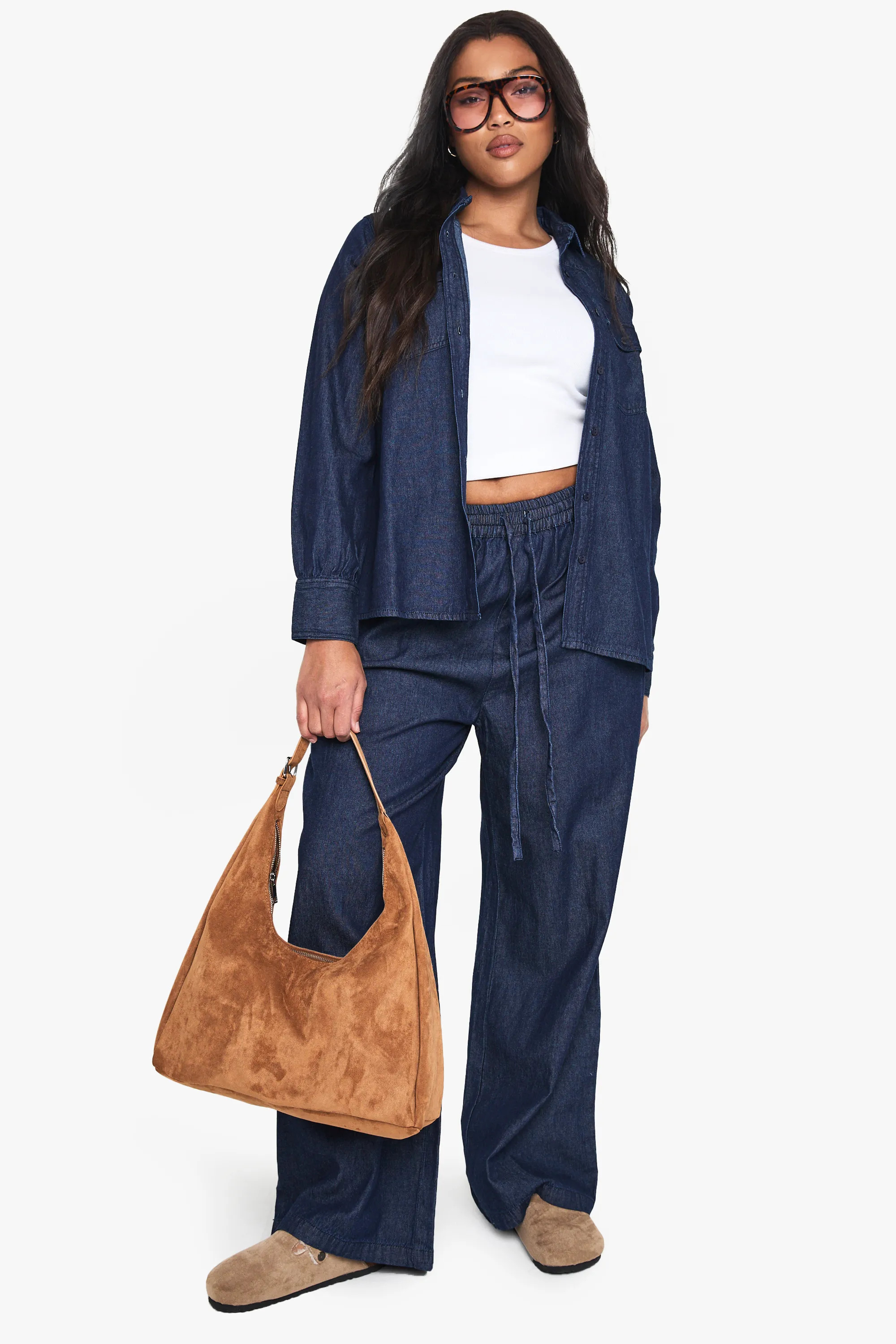 Indigo Plus Chambray Drawstring Wide Leg Trouser | Boohoo | Boohoo.com (UK & IE)