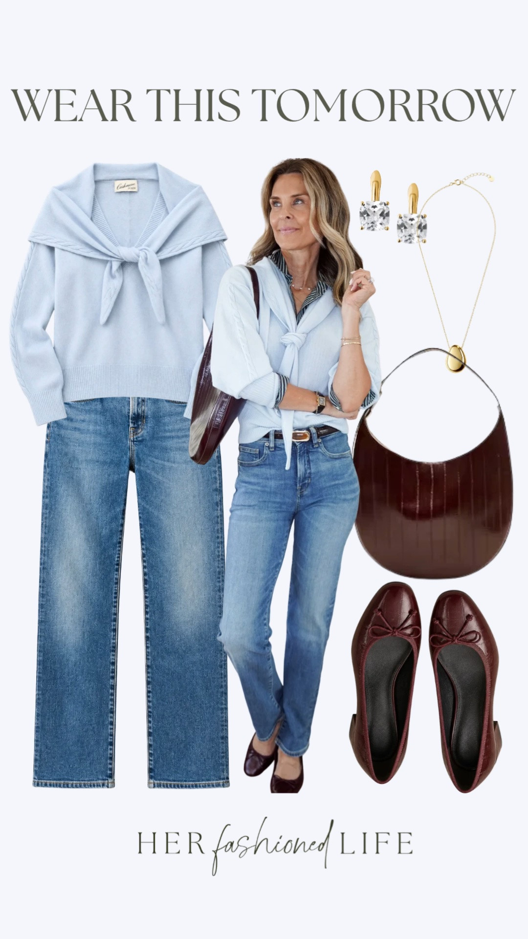 I’m 5’6”
-Blue cashmere scarf sweater-XS
-Jeans True to size
-Burgundy ballet flats size down ½ size

#LTKootd #LTKWorkwear #LTKOver40
