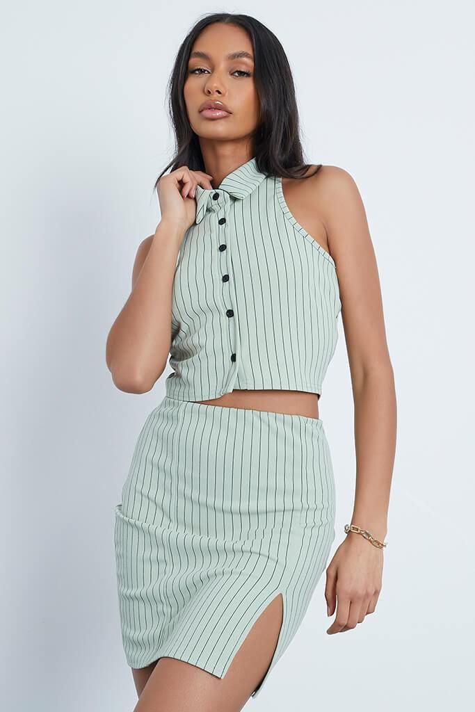 Sage Pinstripe Cropped Tailored Waistcoat | ISAWITFIRST