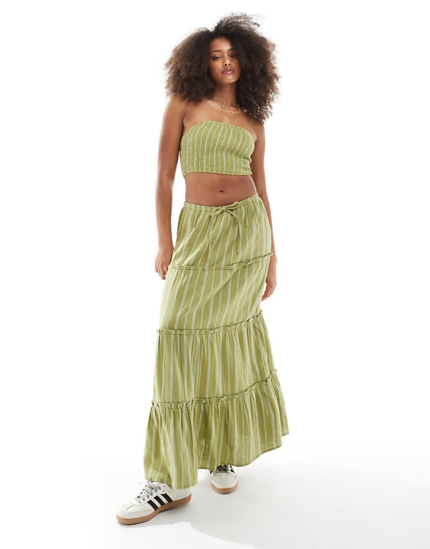 Wednesday's Girl striped tiered maxi skirt co-ord in green | ASOS (Global)